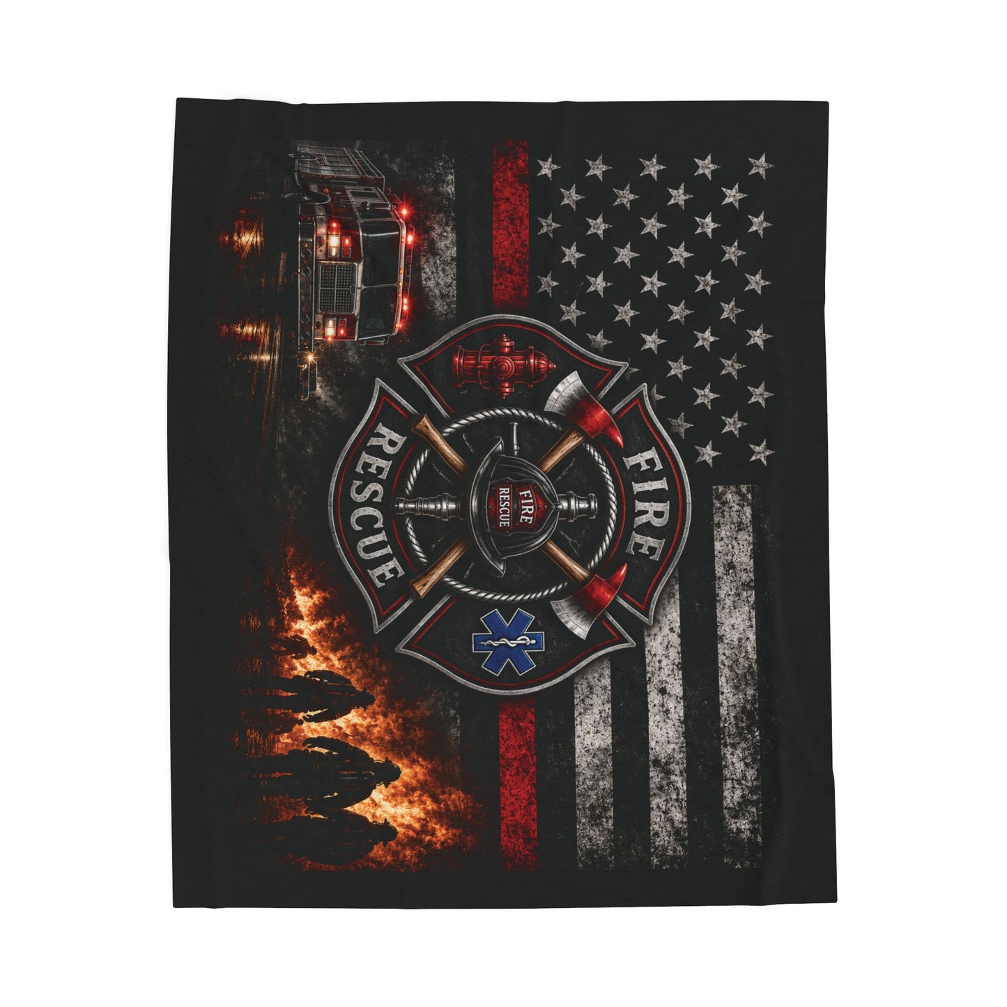 Firefighter Rescue Maltese Cross Velveteen Plush Blanket — American Flag Thin Red Line Cozy Throw